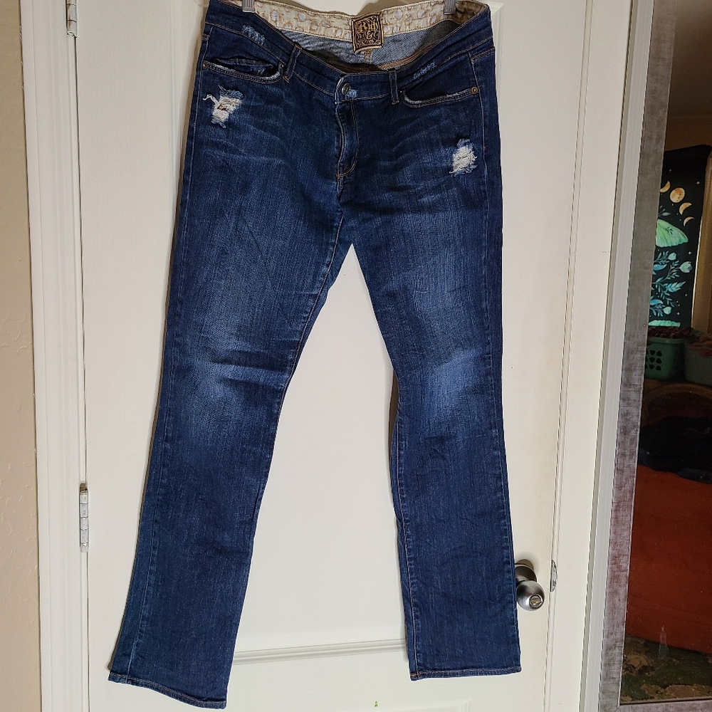 Denim medium dark blue destressed straight legg jeans size 32